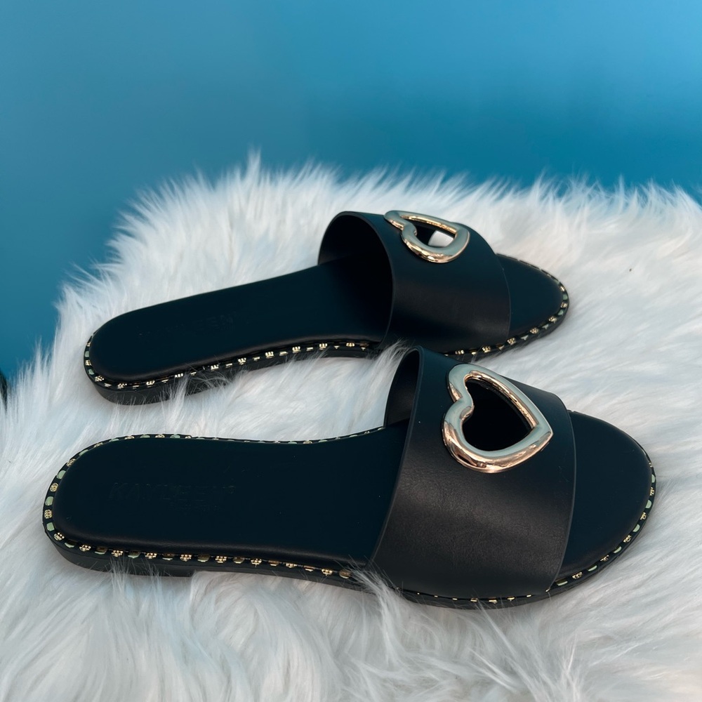 Black and Gold Heart Embellished Sandals - Picture 2 of 8